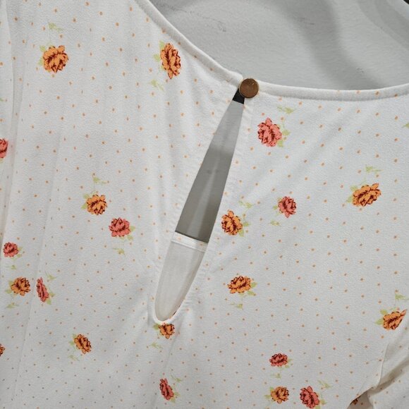 Free People Floral Mini Dress Short White Orange Long Sleeve Square Neck Large - Picture 10 of 12